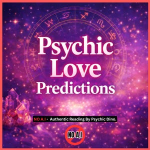 Könnte beinhalten: Digitalgrafik mit einem lila und rosa Galaxienhintergrund. Die Worte "Psychic Love Predictions" sind in Weiß, mit einer Überlagerung des Tierkreises. Das Bild enthält den Text "NO A.I - Authentic Reading By Psychic Dino."