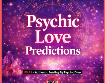 May include: A digital graphic with a purple and pink galaxy background. The words "Psychic Love Predictions" are in white, with a zodiac wheel overlay. The image includes the text "NO A.I - Authentic Reading By Psychic Dino."