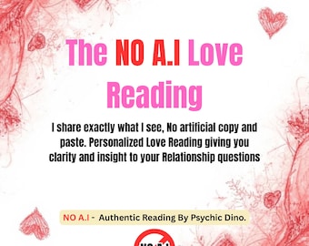 Pode incluir: Gráfico com o texto "The NO A.I Love Reading" em rosa e vermelho. A imagem inclui ilustrações de corações vermelhos e o texto "Eu compartilho exatamente o que vejo, sem copiar e colar artificialmente. Leitura de amor personalizada que lhe dá clareza e insight."