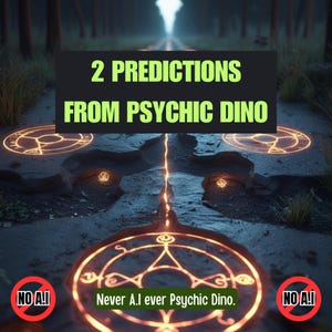 Peut inclure: Image mystique avec le texte "2 PREDICTIONS FROM PSYCHIC DINO" en vert sur fond noir. L'image présente des symboles lumineux et le texte "Never A.I ever Psychic Dino."