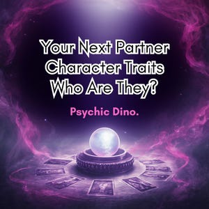 May include: A digital illustration featuring a crystal ball on a decorative stand, surrounded by tarot cards. The text reads "Your Next Partner Character Traits Who Are They?" and "Psychic Dino." The background is a swirling purple nebula.