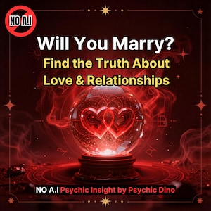 Könnte beinhalten: Eine Kristallkugel mit zwei leuchtenden roten Herzen im Inneren vor einem dunkelroten Hintergrund mit mystischen Symbolen. Der Text lautet: Will You Marry? Find the Truth About Love & Relationships. NO A.I Psychic Insight by Psychic Dino.