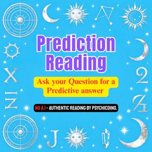 May include: A blue graphic with the words "Prediction Reading" in purple. The image includes celestial symbols like moons, suns, and stars. Text reads "Ask your Question for a Predictive answer" and "NO A.I - AUTHENTIC READING BY PSYCHICDINO."