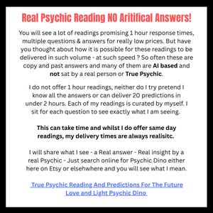 May include: A white informational sign with black text and a red header reading Real Psychic Reading NO Aritifical Answers! The text explains a service philosophy regarding psychic readings, emphasizing manual curation and realistic delivery times.