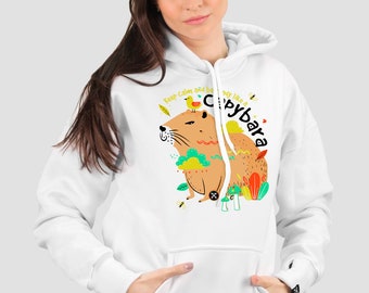 White Animal Printed Women's Hoodie Capybara / Natural cotton Streetwear Pullover / Cotton Hoodie For Women / Gift for her