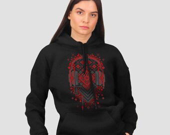 Women Black hoodie red print headphone / Sweater unique print Ethno Music, Natural cotton Streetwear Pullover / Cotton Hoodie Gift For Women