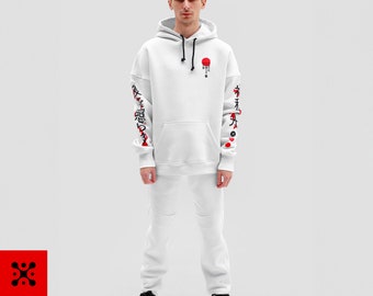 White Hoodie Jogger Set - Japanese Streetwear Men's Suit - Y2k Hoodie and Pants - Grunge Clothing - Graphic Hoodies Tracksuit for Men