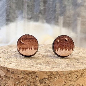 02 - Outdoor Cedar Wood Stud Earrings, Night Skies, Camping Wilderness, Starry Night