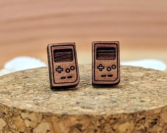 14 - Game Boy Cedar Wood Stud Earrings, Hand Held Console