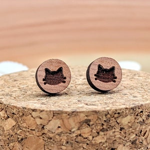 32 - Round Kitten Cat Silhouette Earrings, Maple Wood Stud Earrings, Feline Pet Jewelry with Stainless Steel Studs
