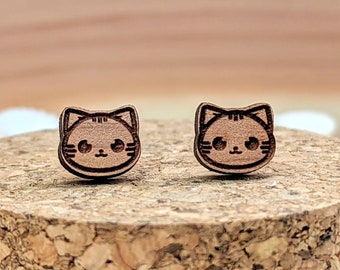 16 - Kitten Cat Earrings, Maple Wood Stud Earrings, Feline Pet Jewelry with Stainless Steel studs
