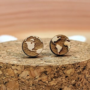 38 - Planet Earth Earrings, Maple Wood Stud Earrings, World Jewelry with Stainless Steel studs