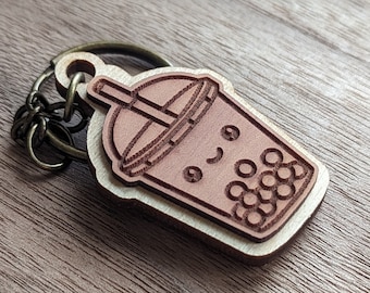 Wood Keychain, Laser Engraved Cedarwood Keychain, Cute Boba Bubble Tea