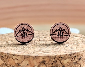 04 - Outdoor Cedar Wood Stud Earrings, Trees and Mountains, Camping Wilderness
