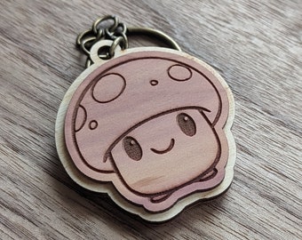 Wood Keychain, Laser Engraved Cedarwood Keychain, Cute Mushroom