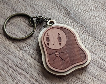 Wood Keychain, Laser Engraved Cedarwood Keychain, Ghibli Style Cute No-Face Kaonashi