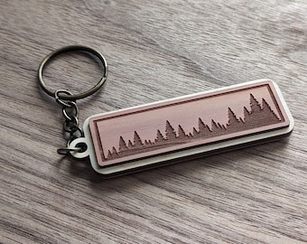 Wood Keychain, Laser Engraved Cedarwood Keychain, Pacific Northwest Treeline PNW