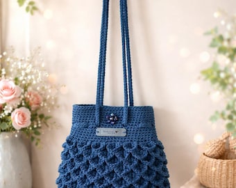 Blue Boho Cotton Shoulder Bag, Scallop Stitch Purse, Artisan Tote, Unique Women's Handbag