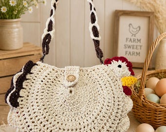 Handmade Crochet Chicken Shoulder Bag, Mercerized Cotton Animal Purse with Wooden Button