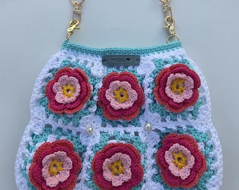 Handmade Crochet Bag: 3D Floral Granny Square Purse with Acrylic Chain