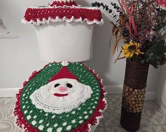 Santa Claus Crochet Bathroom Set – Seat Cover, Tank Cover & TP Holder