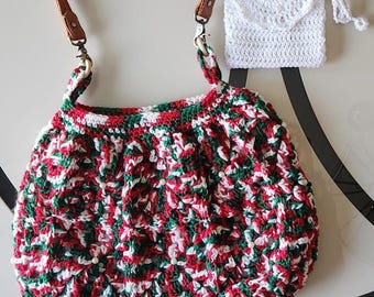 Handmade Christmas Crochet Shoulder Bag with Pearl Detail & Matching Purse