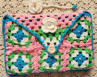 Handmade Crochet Book Cover: Floral Granny Square Design with Bookmark