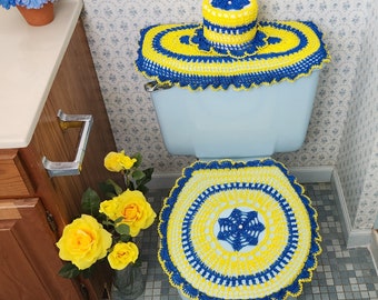 Blue Crocheted Toilet Seat Cover: Yellow Accent Bathroom Decor