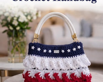 Handmade Crochet Handbag, Red White Blue Purse, Elegant Top Handle Bag for Women