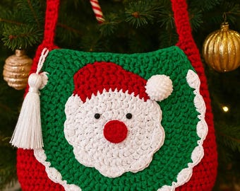 May include: A red and green crocheted bag featuring a central Santa Claus face applique with a red hat, white beard, and a small white pom-pom. The bag includes a white tassel on the side and a matching red crocheted shoulder strap.