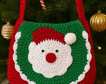 Handmade Christmas Crochet Bag – Santa Design – Cotton Yarn (10” x 8”)
