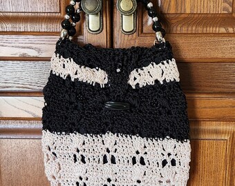 Handmade Crochet Tote: Two-Tone Black & Beige Purse with Beaded Handle