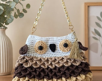 Crochet Owl Bag Handmade Boho Shoulder Purse Knit Handbag Chain Strap