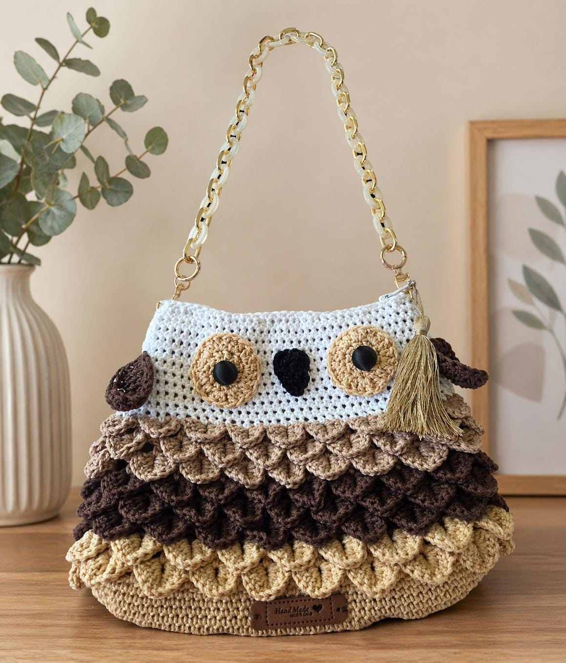 Crochet Owl Bag Handmade Boho Shoulder Purse Knit Handbag Chain Strap