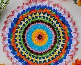 Handmade Colorful Crochet Doily – Round Mandala Table Decor, Boho Home Accent, Multicolor Lace Doily