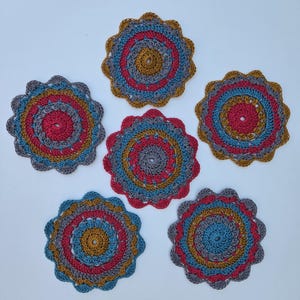 Handmade Crochet Coasters – Set of 6 Colorful Round Drink Mats – Boho Home Decor – Eco-Friendly Cotton Coasters (6 Inches)