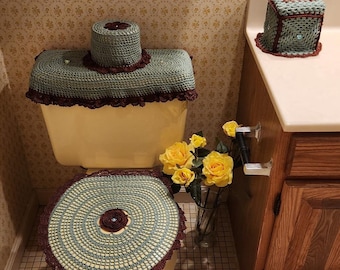 Crocheted Bathroom Set: Toilet Seat Cover, Lid, and Tissue Box