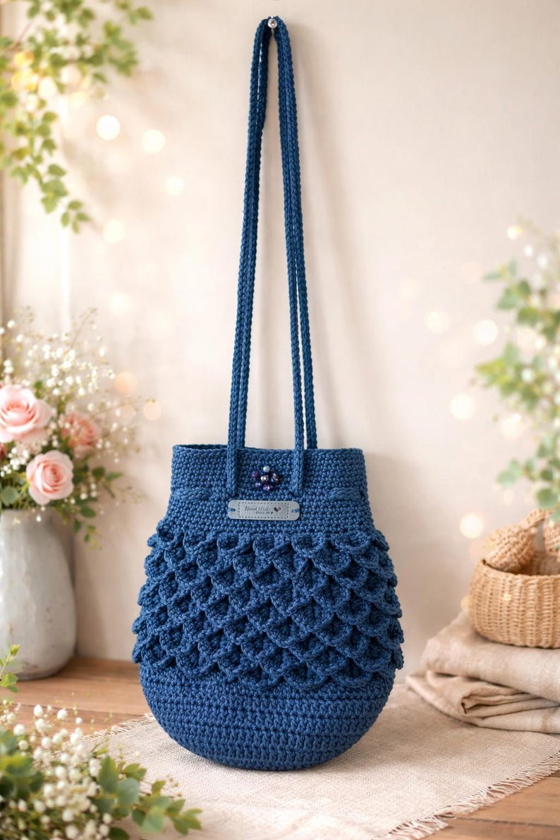 Puede incluir: Un bolso tote de ganchillo azul hecho a mano con asas largas. El bolso presenta un dise&ntilde;o festoneado texturizado en la parte inferior y un peque&ntilde;o adorno decorativo cerca de la parte superior. El bolso se exhibe sobre una superficie de madera.