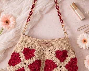 Handmade Crochet Heart Granny Square Purse – Beige & Red, Acrylic Chain
