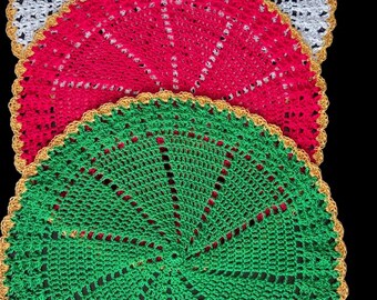 Handmade Crochet Set of 3 Cotton Thread Doilies (White 12.5”, Red 11.5”, Green 12”)