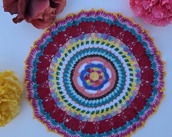 Rainbow Blossom Crochet Mandala Doily – Handmade Colorful Table Decor