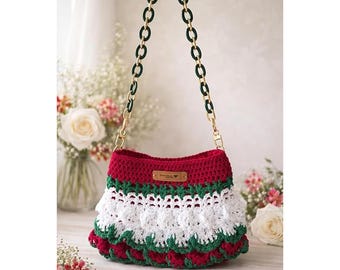 Handmade Crochet Bag with Chain Handle – Colorful Boho Purse in Red, White & Green