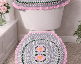 Handmade Crochet Toilet Cover Set – Gray & Pink Floral, 3-Piece