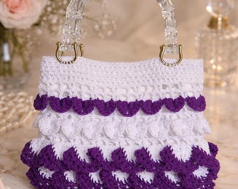 Elegant Handmade Crochet Handbag, White and Purple Top Handle Bag, Purse with Acrylic Handle