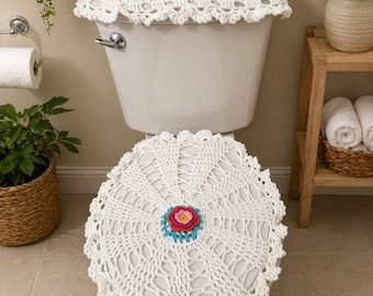 Crochet Toilet Cover Set Handmade, White Bathroom Decor, Floral Design