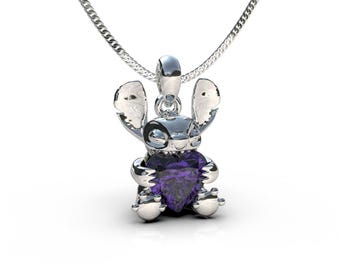 Handmade 925 Silver Stitch Necklace | Purple Heart Gem, Cartoon Jewelry