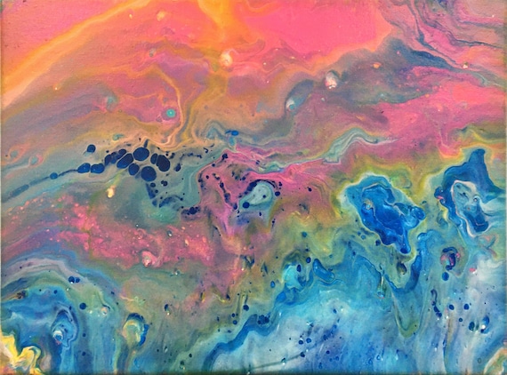 Pink Blue and Yellow Acrylic Pour Painting | Etsy