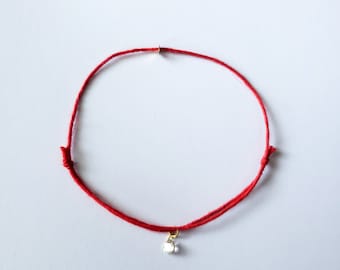 SELF LOVE Bracelet 14K Solid Gold with White Topaz Red String Bracelet | Minimalist Handmade Boho | Vegan (not silk), Hemp. April birthstone