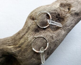 925 sterling SILVER rough clear QUARTZ earrings with Japanese seed beads | minimalist jewelry | silver wire hoop earrings