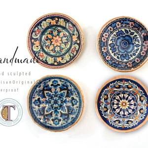 Artisan dollhouse miniature plates 1:12 scale handmade floral decorated dishes/mini collectibles/12th scale faux Talavera painted wall decor